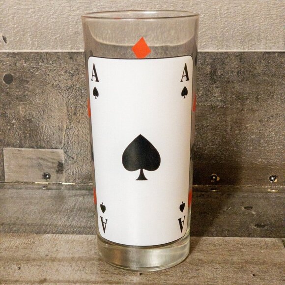 VINTAGE PLAYING CARDS HIGHBALL COCKTAIL GLASSES SPADES QUEEN ACE CLUBS SET OF 2 - Picture 7 of 8